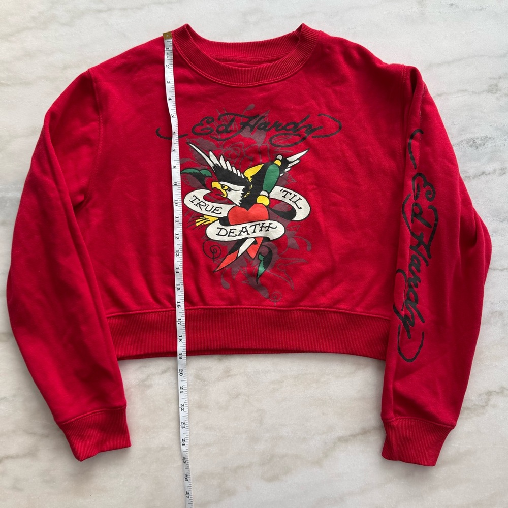 Ed Hardy Women's Red Cropped Graphic Sweatshirt Long Sleeve Casual Size M - Picture 6 of 11